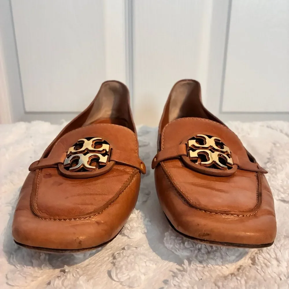 Tory Burch Miller Leather Loafers Cognac Brown Metal Logo Size 6.5